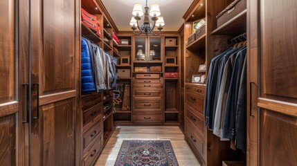 A stylish walk-in closet with custom cabinets, maximizing storage and adding a touch of luxury