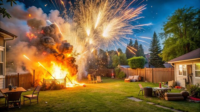 A chaotic scene of a backyard fireworks display gone wrong , backyard, fireworks, fiasco, accident, chaos, disaster, danger