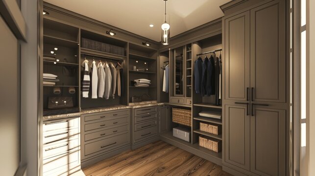 A stylish walk-in closet with custom cabinets, maximizing storage and adding a touch of luxury