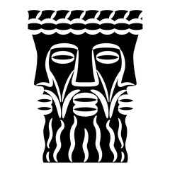 Head of Celtic god Lugh. Pagan trinity. Gaulish Deity Lugus. Three faced bearded man. Ethnic design. Black and white silhouette. 