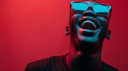 Obraz premium Fashion fashion style with color glasses and make up design costume, beautiful man studio shot on a lively colourful background. Fashion lifestyle photo shoot with stylish man using stock, created by