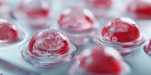 A macro shot of translucent bubbles filled with vibrant red liquid, showcasing unique textures and reflections on a smooth surface.