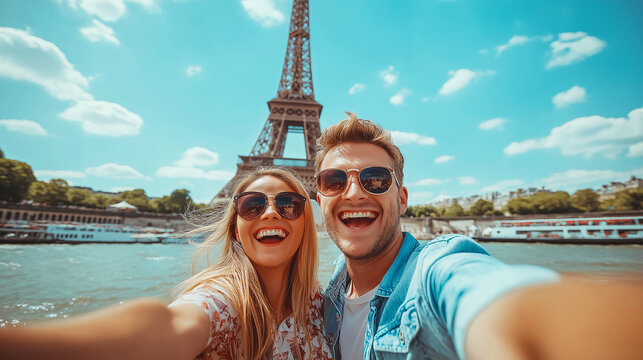 Lively image of a happy couple taking a selfie in front of the Eiffel Tower in Paris, capturing their joy and excitement. Perfect for showcasing travel experiences, romance, and iconic landmarks.