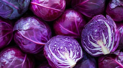 Obraz premium A closeup view of vibrant, fresh purple cabbage heads that showcase their rich and intricate color and texture