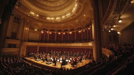 A large orchestra plays on stage in a beautifully illuminated concert hall filled with attentive listeners.