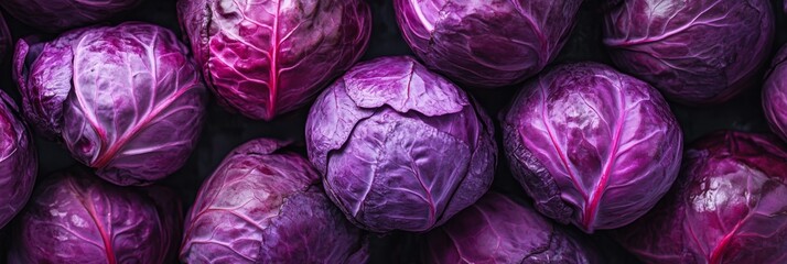 Obraz premium A vibrant display of freshly harvested purple cabbages, perfect for culinary uses and healthfocused visuals