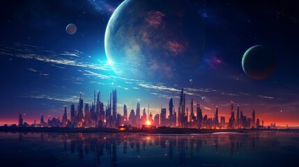 A futuristic cityscape under a starry sky with large planets in the background.