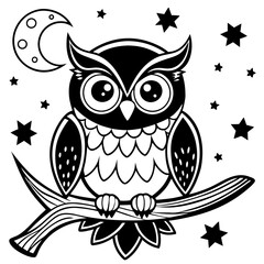  A cute owl sitting on a moonlit branch, with stars silhouette vector illustration

