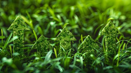 Five upward-pointing arrows made of green grass emerge from a field of green grass, symbolizing growth and sustainability.