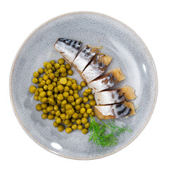 Pieces of smoked mackerel served with green peas on platter. Isolated over white background
