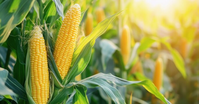 Yellow corns growing on the cob of green leaves among tall stalks in a condensed plantation field on a sunny vibrant day, eco-friendly green agriculture, ready for harvest