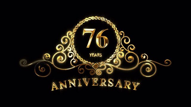 76th Anniversary Celebration. Happy 76 Years Anniversary Animation in Gold Color on the Transparent Background, Alpha Channel. Great for greetings, celebrations, events, and gifts.