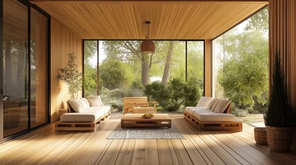 Fototapeta premium Modern wooden terrace with cozy seating, large windows, and lush green views, featuring light pine paneling and natural decor, creating a serene and inviting outdoor living space