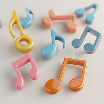 Variety of vibrant musical notes display artistic shapes in different colors, showcasing creativity and rhythm on a soft surface