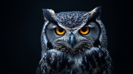 Obraz premium Close-up portrait of an owl with intense yellow eyes against a black background
