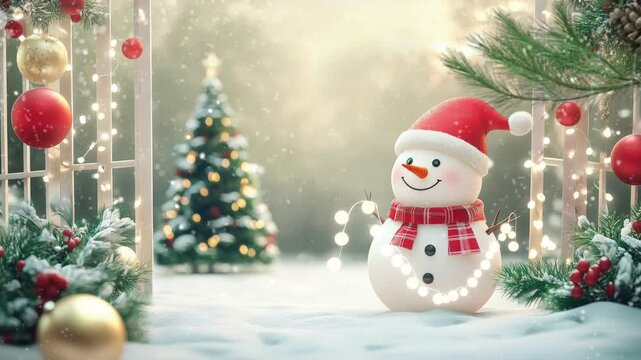 happy snowmen in a beautiful Christmas celebration in front of the gate decorated with green leaves, Christmas light, and balloons during snowfall.