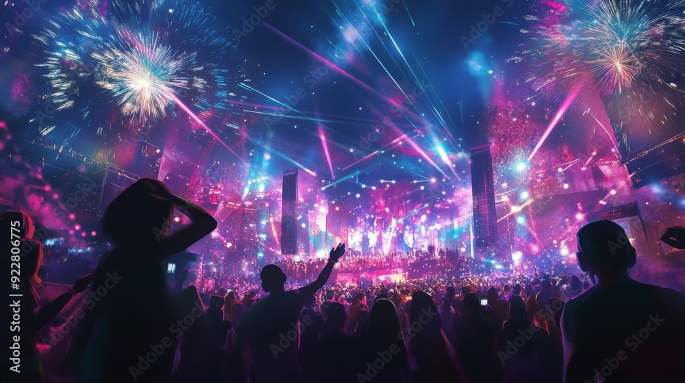 Poster a large crowd enjoys a lively music festival under colorful lights and dazzling fireworks in the nig