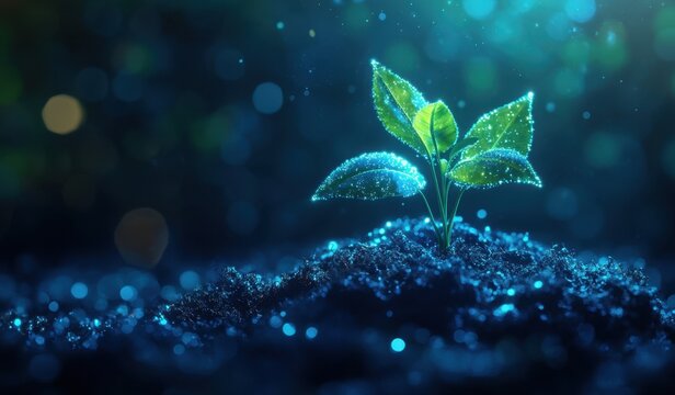 A small plant growing on the soil with data visualization lines and small particles floating around it, high technology, beautiful futuristic eco-friendly environment concept shot, ecology