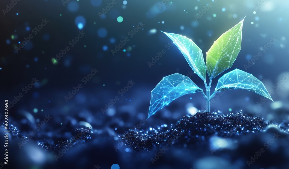 Wall mural a small plant growing on the soil with data visualization lines and small particles floating around 
