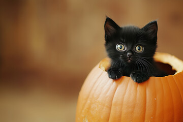 Adorable Black Cat Sitting Inside a Halloween Pumpkin, with room for copy