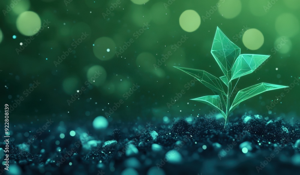 Wall mural a small plant growing on the soil with data visualization lines and small particles floating around 
