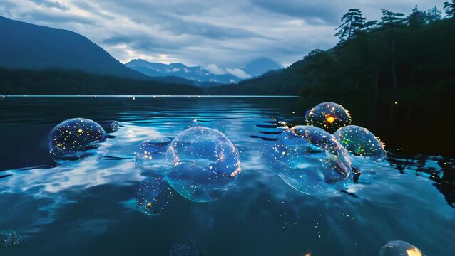 Luminescent bubbles hover over a serene lake at twilight, reflecting the mountains and forest in the background. The scene exudes tranquility and magic as the day transitions to night, with the soft