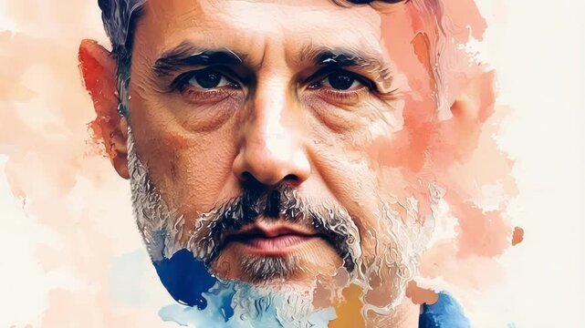 Artistic portrait of a man with a watercolor effect, blending colors and brushstrokes for a captivating and emotional expression
