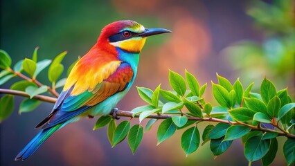 Obraz premium Colorful bird perched on branch with leaves artwork, Colorful, bird,perched, branch, leaves, artwork, nature