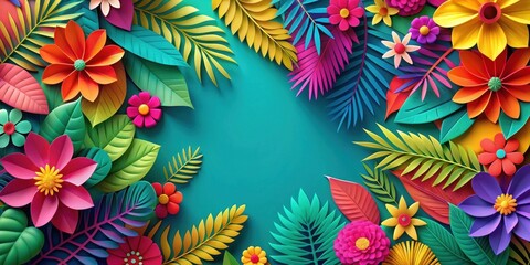 Fototapeta premium Vibrant tropical flower background in paper-cut art style, tropical, colorful, vibrant, paper-cut, art, style, background, exotic