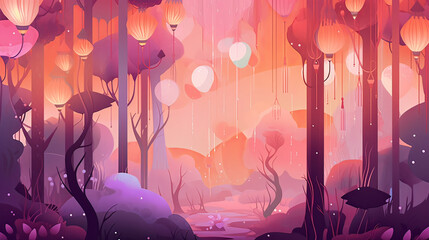 Obraz premium A whimsical enchanted forest, pink, purple, orange and green gradient, with a cartoon style aesthetic in the style of lofi, y2k, and vintage aesthetics, simple, with pastel colors, a dreamy