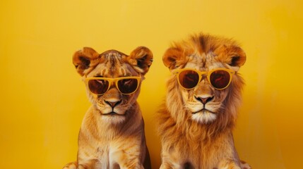 Obraz premium A majestic lion wearing sunglasses sits next to a lion cub against a bright yellow background, creating a playful and contrasting visual effect.