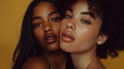The photograph captures two women close together, displaying intense and piercing expressions against a solid yellow background, highlighting themes of connection and strength.