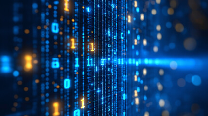 Obraz premium Blue digital binary data on computer screen background