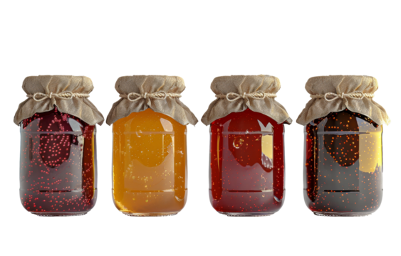 Jars of homemade preserves arranged under studio lighting