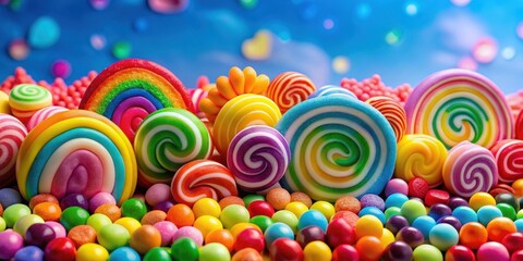 Obraz premium Colorful, pastel rainbow pieces of candy in a vibrant Candyland setting, candy, sweets, rainbow, pastel colors, vibrant
