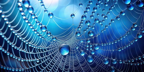 Naklejka premium Blue background with spider webs and water droplets, spider webs, water droplets, blue, background, nature, texture, dew