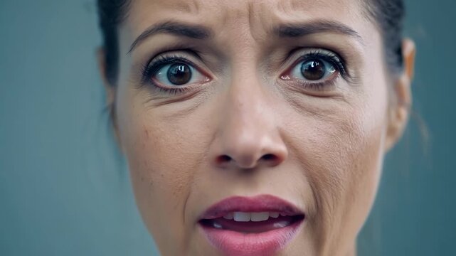 Woman's wide eyes and furrowed brow show shock and disbelief, capturing raw emotion of astonishment and fear