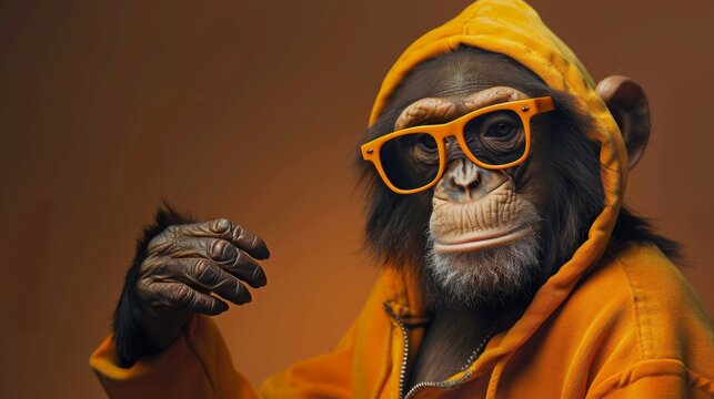 A cool and trendy monkey wears a hoodie and sunglasses, posing with a relaxed attitude against an orange background, emphasizing a modern and urban style.