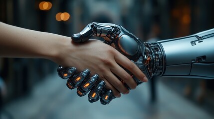 Human Hand Shaking Hands with AI-Powered Robotic Hand Symbolizing Human-AI Collaboration Concept.