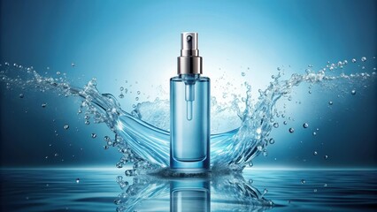 Spray glass bottle with cosmetic on blue water with splash effect, minimalist and authentic style, beauty