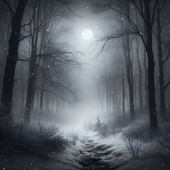 Depressing  Gray Black and White Winter Forest Trees Picturesque Scene with a Path Road Driveway Street on Serene Dark Snowy Night Sky in Gray Hue Lit by Moon Moonlight Background. Christmas New Year