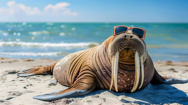 comical walrus lounging on sunny beach oversized sunglasses blubbery body sprawled on sand clear blue sky gentle waves playful expression marine life meets vacation vibes