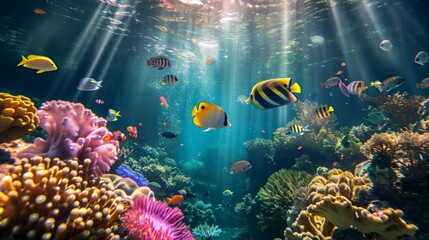Naklejka premium A vibrant underwater scene showcasing colorful coral reefs and diverse fish species.