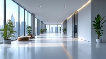 Fototapeta premium Empty modern office hallway with floor-to-ceiling windows showing a city skyline during daytime.