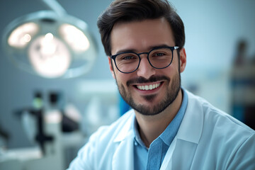 Fototapeta premium Close-up of a young male optometrist smiling while wearing glasses, in a clinical setting, emphasizing eye care and professionalism