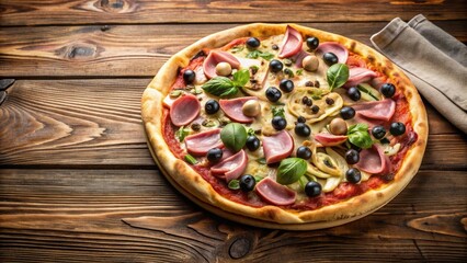 Capricciosa pizza with ham, mushrooms, artichokes, and olives on a wooden table, food, Italian, delicious, appetizing