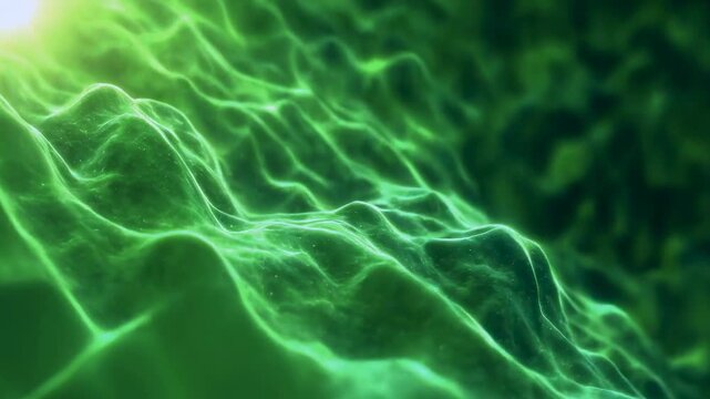Close-up view of green cells seen through a microscope, displaying intricate fluid movements. The image has a scientific and bio-research context, depicting cellular structures and biological