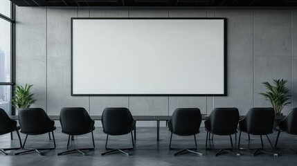 Empty conference room with black chairs, blank white screen mockup..