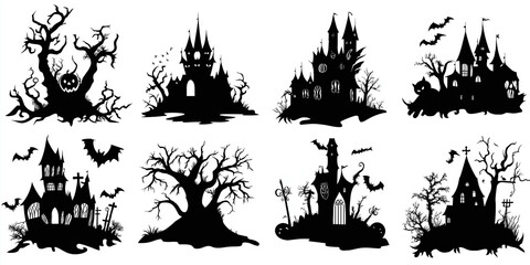 Fototapeta premium Dark silhouettes of spooky castles and twisted trees, perfect for creating a haunted Halloween atmosphere