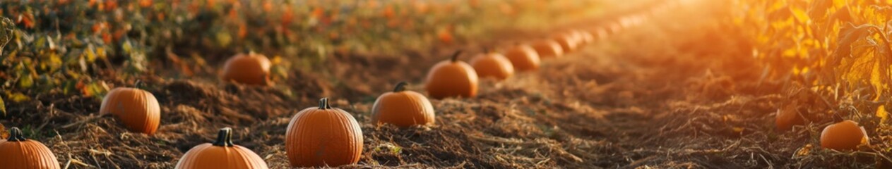 Fototapeta premium National Pumpkin Day Celebration: A 4K Surrealist Journey Through Rows of Grinning Pumpkins in the Harvest Field
